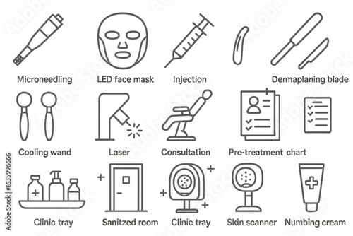 Aesthetic Clinic Tools Icons. Line style icons of aesthetic clinic tools: microneedling pen, LED face mask, injection syringe,