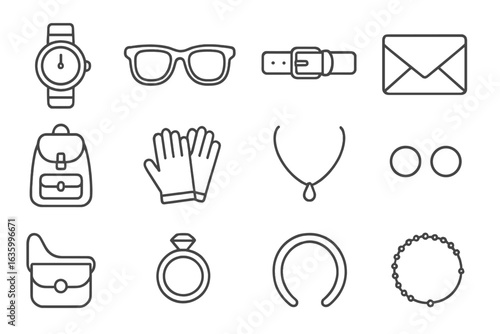 Fashion Accessory Icons. Line style icons of fashion accessories: wristwatch icon, sunglasses, leather belt, clutch bag, backpack,