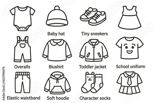 Children's Fashion Icons. Line style icons of children’s fashion: romper icon, baby hat, tiny sneakers, kids dress, overalls icon,