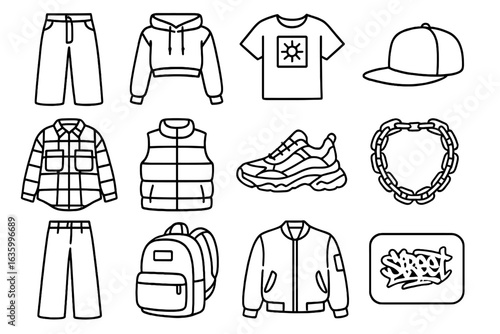Casual Streetwear Icons. Line style icons of casual streetwear: baggy jeans, cropped hoodie, graphic tee, snapback cap, oversized