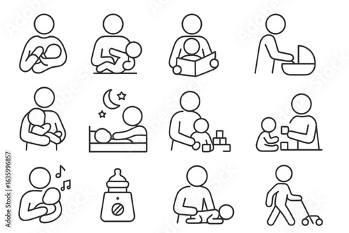 Parenting Icons Collection. Line style icons of parenting activities: feeding baby, changing diaper, reading to child, pushing