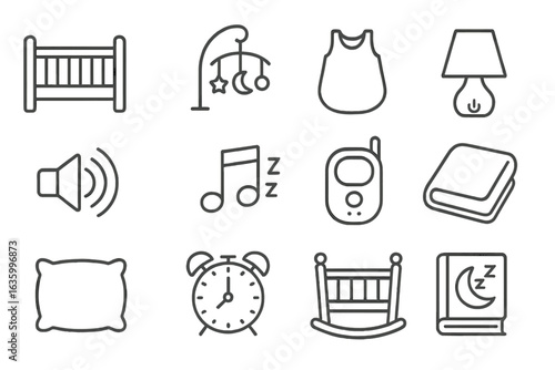 Baby Sleep Icons. Line style icons of baby sleeping items: baby crib, mobile above crib, sleep sack, night lamp, white noise icon,