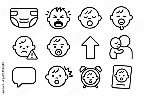 Baby Signal Icons. Line style icons of baby signs and signals: diaper full icon, hunger cry, sleepy yawn, teething drool, fever