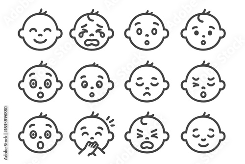 Baby Emotions Icons. Line style icons of baby emotions and expressions: baby smile, crying baby, surprised face, sleepy baby,
