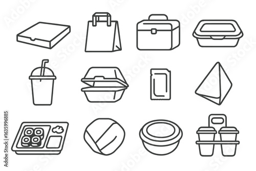 Food Packaging Icons. Line style icons of food delivery packaging: pizza box, takeaway bag, insulated delivery box, meal container