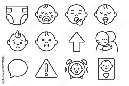 Baby Signal Icons. Line style icons of baby signs and signals: diaper full icon, hunger cry, sleepy yawn, teething drool, fever