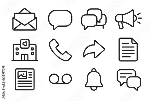 Office Communication Icons. Line style icons of office communication: email inbox icon, direct message, group chat bubble, team