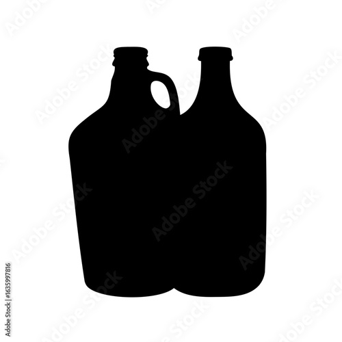 Silhouette of two glass bottles, one with a handle, isolated on white
