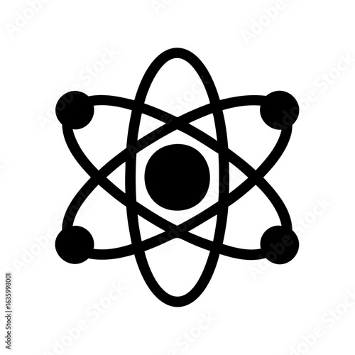 Silhouette image of an atom with electrons orbiting the nucleus on white