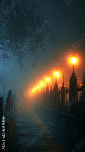 Street Lamps in Foggy Night