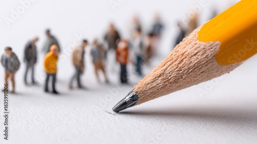 Pencil point writing on paper, with miniature people figures in the background