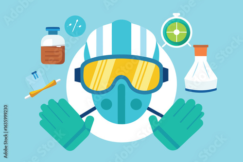 Science and Safety Illustration Depicting Protective Gear and Lab Equipment for Research and Experimentation Processes