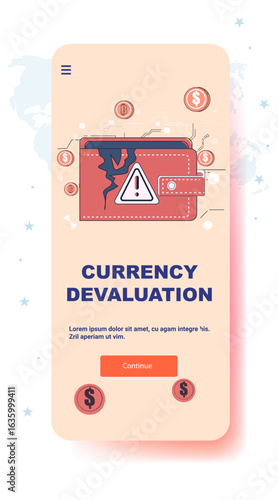 Currency devaluation crisis wallet warning icon falling coins economic downturn abstract background mobile app screen