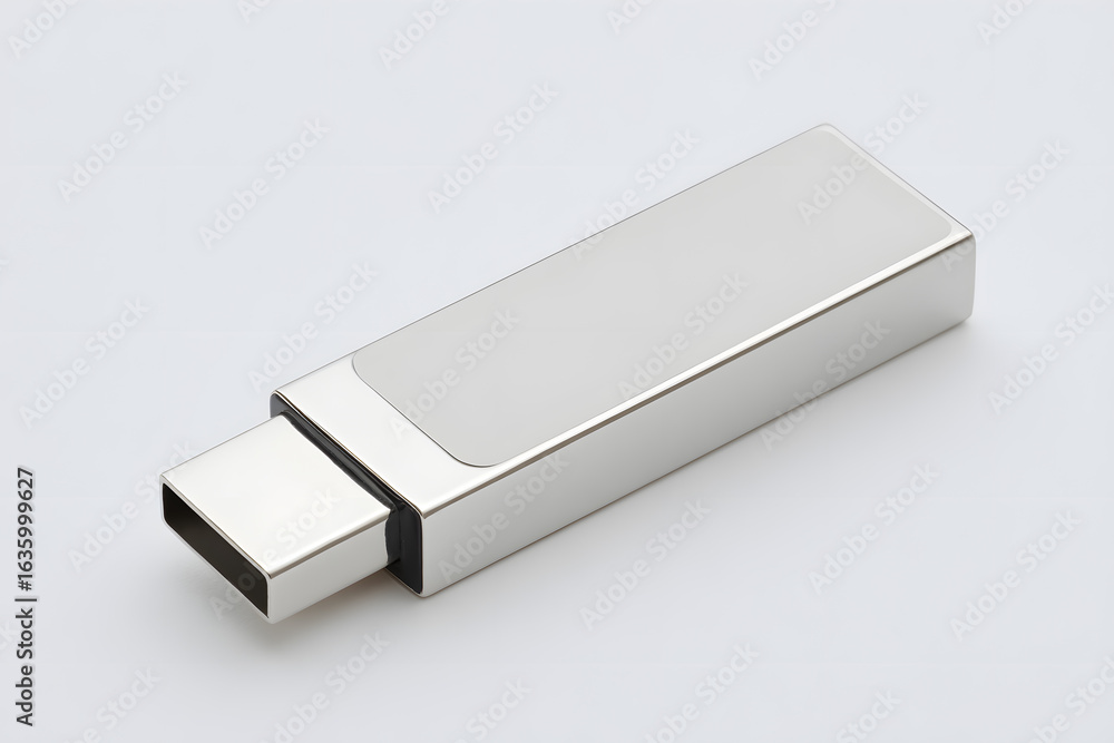 Minimal silver USB flash drive isolated on white background, perfect for branding and tech mockups. Minimal silver USB flash drive isolated on white background, perfect for branding and tech mockups.