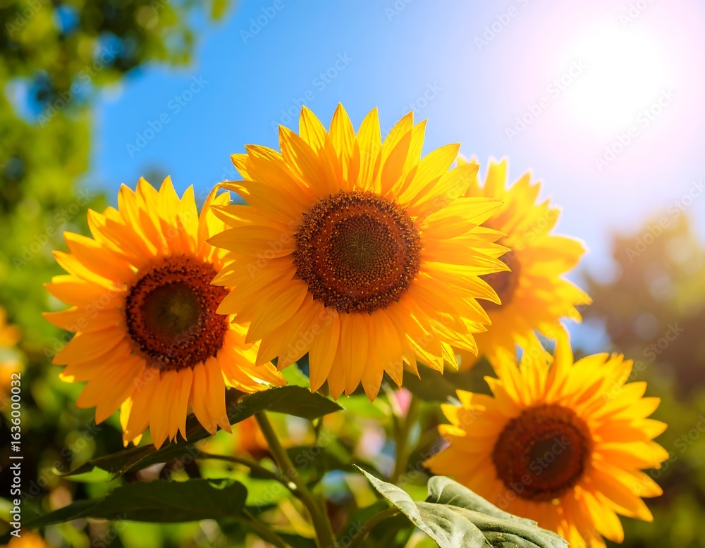 Obraz premium Bright sunflowers against a bright blue sky