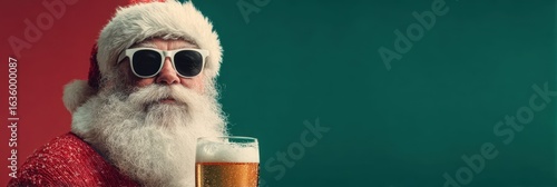 Santa Claus enjoys a cold drink while wearing sunglasses at a festive holiday celebration