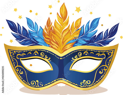 Blue and gold Venetian mask with feathers and stars