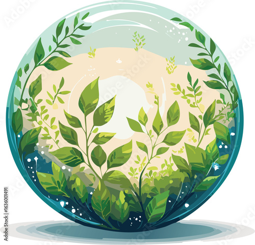 Green leaves in a glass orb with light background glass sphere