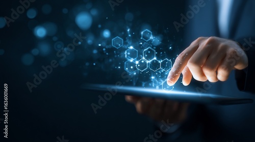 Person interacts with digital information, touching tablet screen, in cyberspace