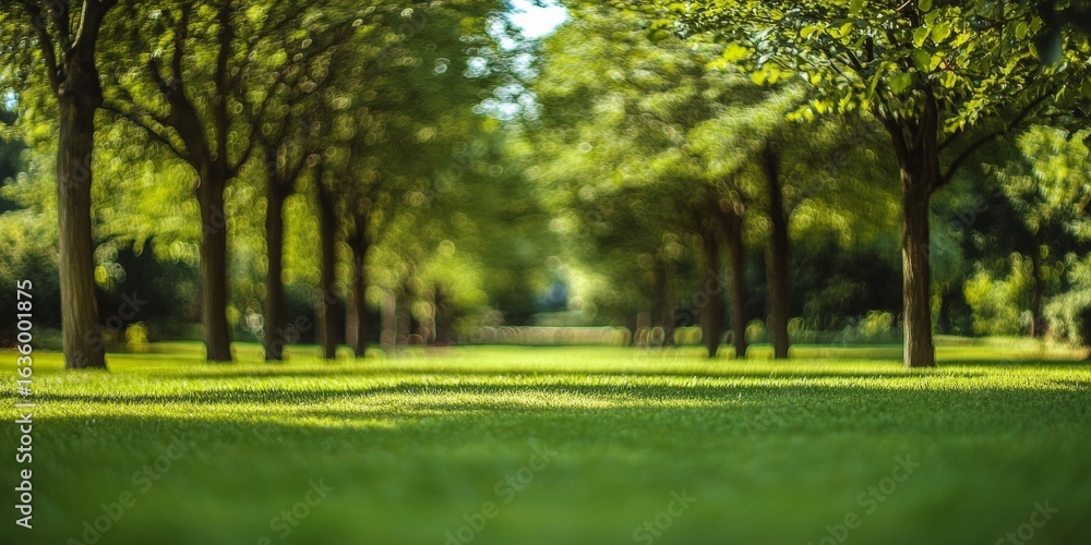Fototapeta premium Lush green lawn underneath a sprawling tree canopy, creating a serene and tranquil outdoor backdrop.