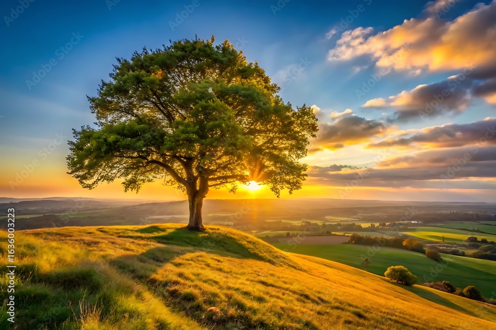 Fototapeta premium Majestic lone tree on grassy hill bathed in golden sunset light and dramatic clouds