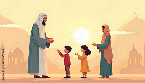 Man and woman giving money to children with mosque background