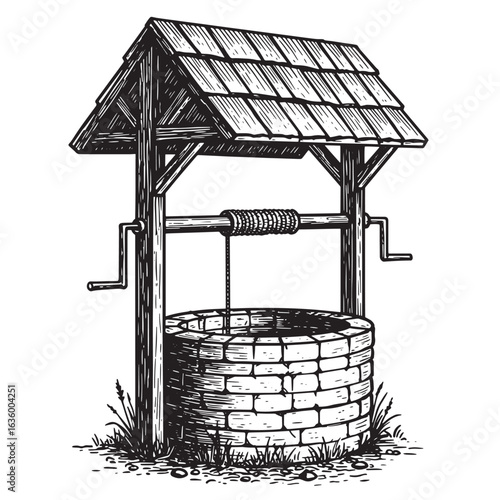 Hand drawn illustration of an old stone well with wooden frame and roof