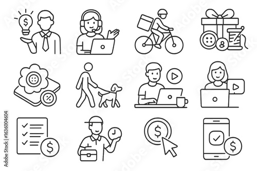 Extra Income Icons. Line style icons of earning extra income: side gig icon, online tutor, delivery rider, handmade goods icon,