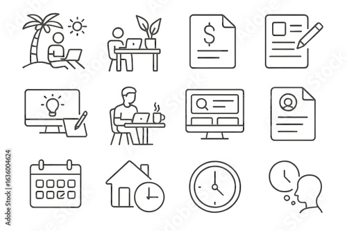 Freelance Lifestyle Icons. Line style icons of freelance lifestyle: digital nomad, home desk with plant, invoice icon, project