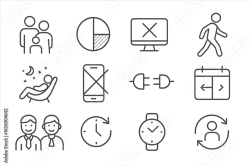 Work-Life Icons. Line style icons of work-life balance at home: family icon, time split graph, screen off icon, outdoor walk,