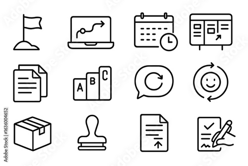 Remote Project Delivery Icons. Line style icons of project delivery remotely: milestone flag, digital roadmap, deadline icon,