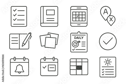 Daily Planning Icons. Line style icons of daily planning: to-do list, planner book, digital calendar, task priority marker, pen