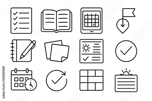 Daily Planning Icons. Line style icons of daily planning: to-do list, planner book, digital calendar, task priority marker, pen