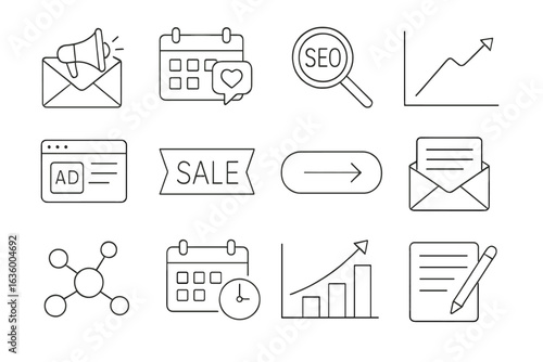 Line Style Marketing Icons. Line style icons of freelance marketing tools: email campaign, social post calendar, SEO tool,
