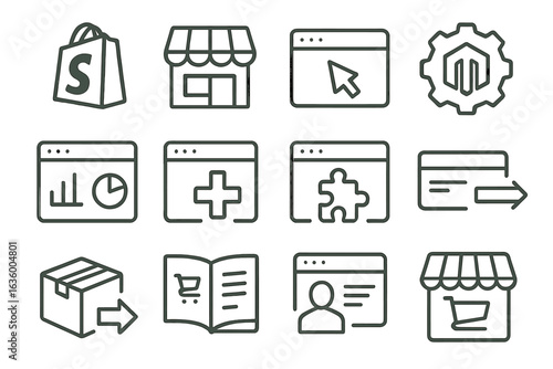 E-commerce Platform Icons. Line style icons of e-commerce platforms: Shopify icon, WooCommerce store, BigCommerce window, Magento