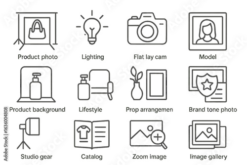 Visual Merchandising Icons. Line style icons of visual merchandising: product photo setup, lighting icon, flat lay camera, model