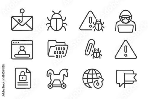 Cybersecurity Threat Icons. Line style icons of cybersecurity threats: phishing email, malware bug, virus alert, hacker icon, fake