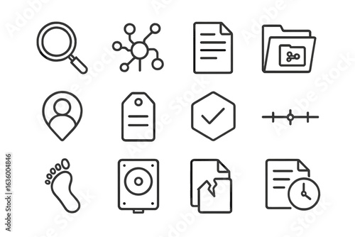 Digital Forensics Icons. Line style icons of digital forensics tools: investigation magnifier, data trace icon, file log icon,