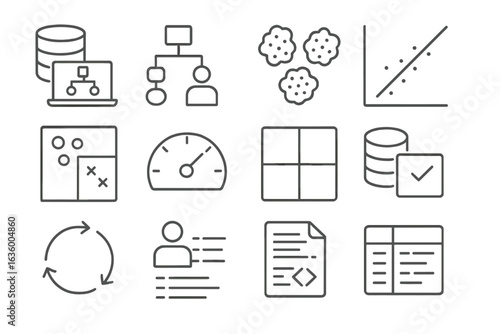 Machine Learning Icons. Line style icons of machine learning concepts: data training icon, supervised model, unsupervised cluster,