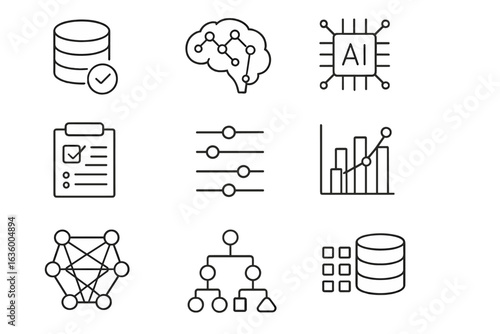 AI Data Icons. Line style icons of AI and data science: data cluster icon, pattern recognition, AI inference icon, model
