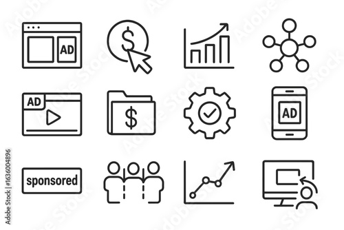 Digital Advertising Icons. Line style icons of digital advertising: display ad banner, pay-per-click icon, CPC chart, ad network