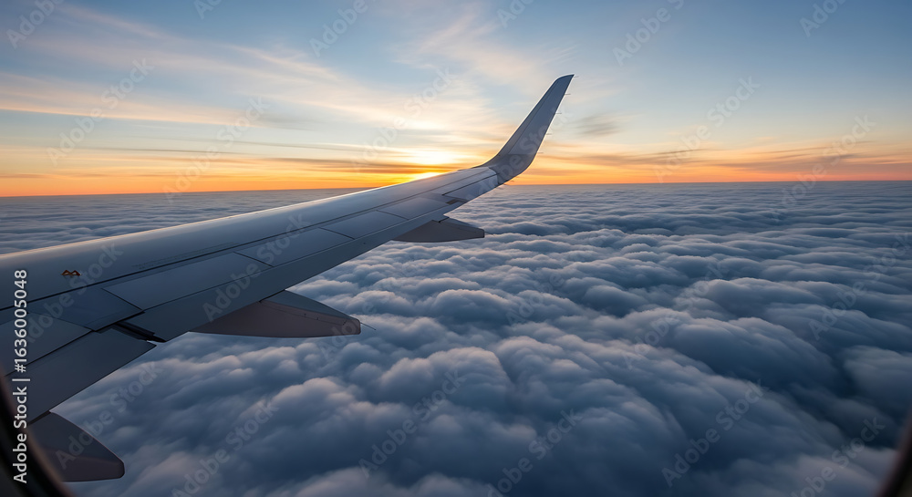 Obraz premium Airplane Wing Above a Sea of Clouds at Sunset.