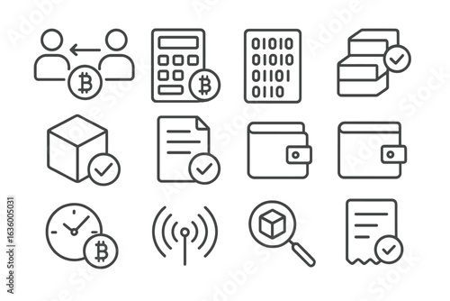 Blockchain Process Icons. Line style icons of blockchain transaction process: initiate transfer, gas fee calculator, transaction