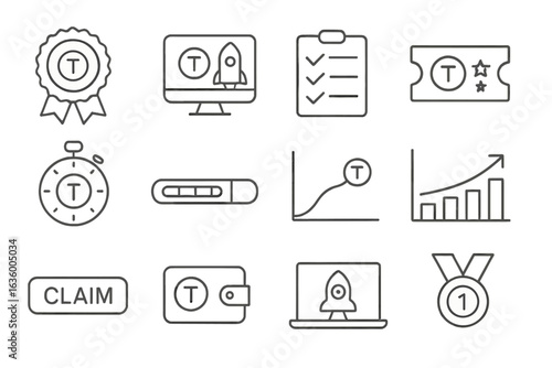 Token Launch Icons. Line style icons of token launch events: token sale badge, IDO icon, whitelist form, presale ticket, launch