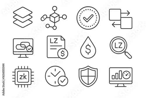 Layer 2 Icon Set. Line style icons of Layer 2 technologies: rollup symbol, plasma chain icon, optimistic rollup badge, sidechain