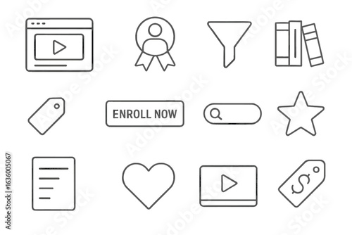 Course Marketplace Icons. Line style icons of course marketplace: featured course card, instructor badge, topic filter icon,