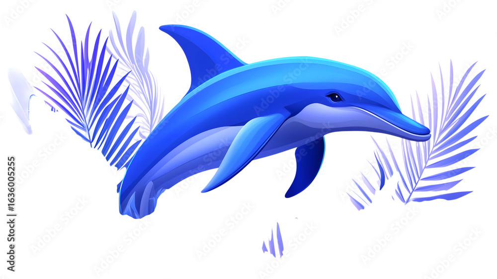 Fototapeta premium Playful dolphin swimming among tropical foliage underwater scene vibrant colors