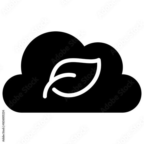 Eco Cloud Glyph Black Silhouette Icon Design Vector - Cloud with leaf symbolizing clean cloud computing and environmentally friendly data storage