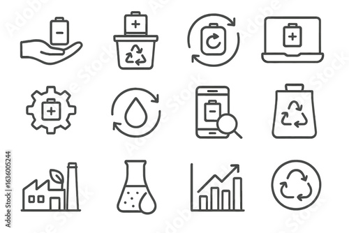Eco-Friendly Battery Icons. Line style icons of battery recycling and sustainability: battery disposal icon, recycle station icon,