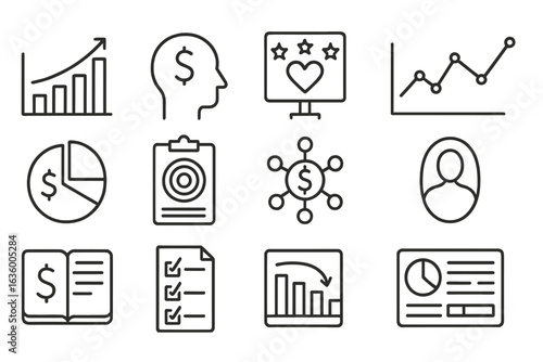 Financial Icons Collection. Line style icons of financial self-assessment: net worth chart, money mindset icon, financial values